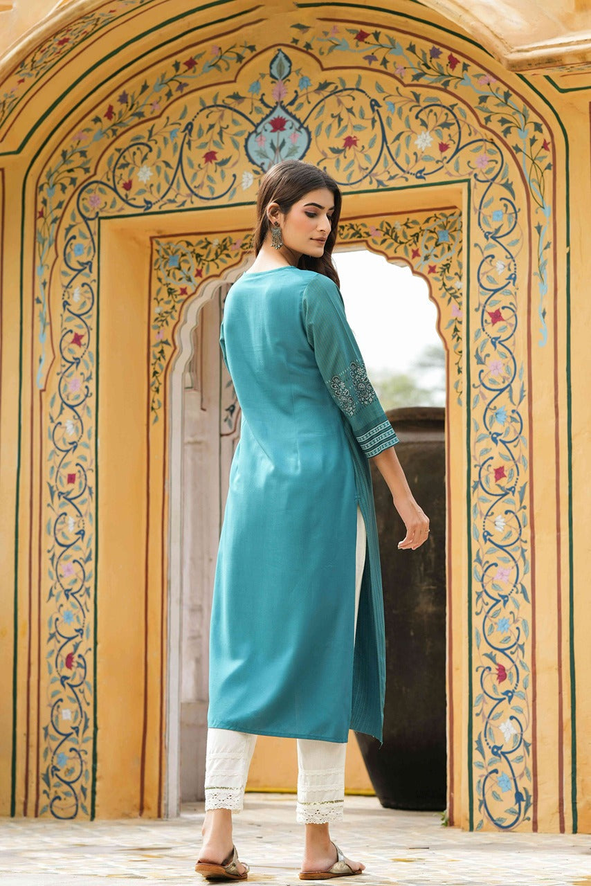 Juniper Teal Rayon Festive Printed Straight Kurta For Women | Grocsy
