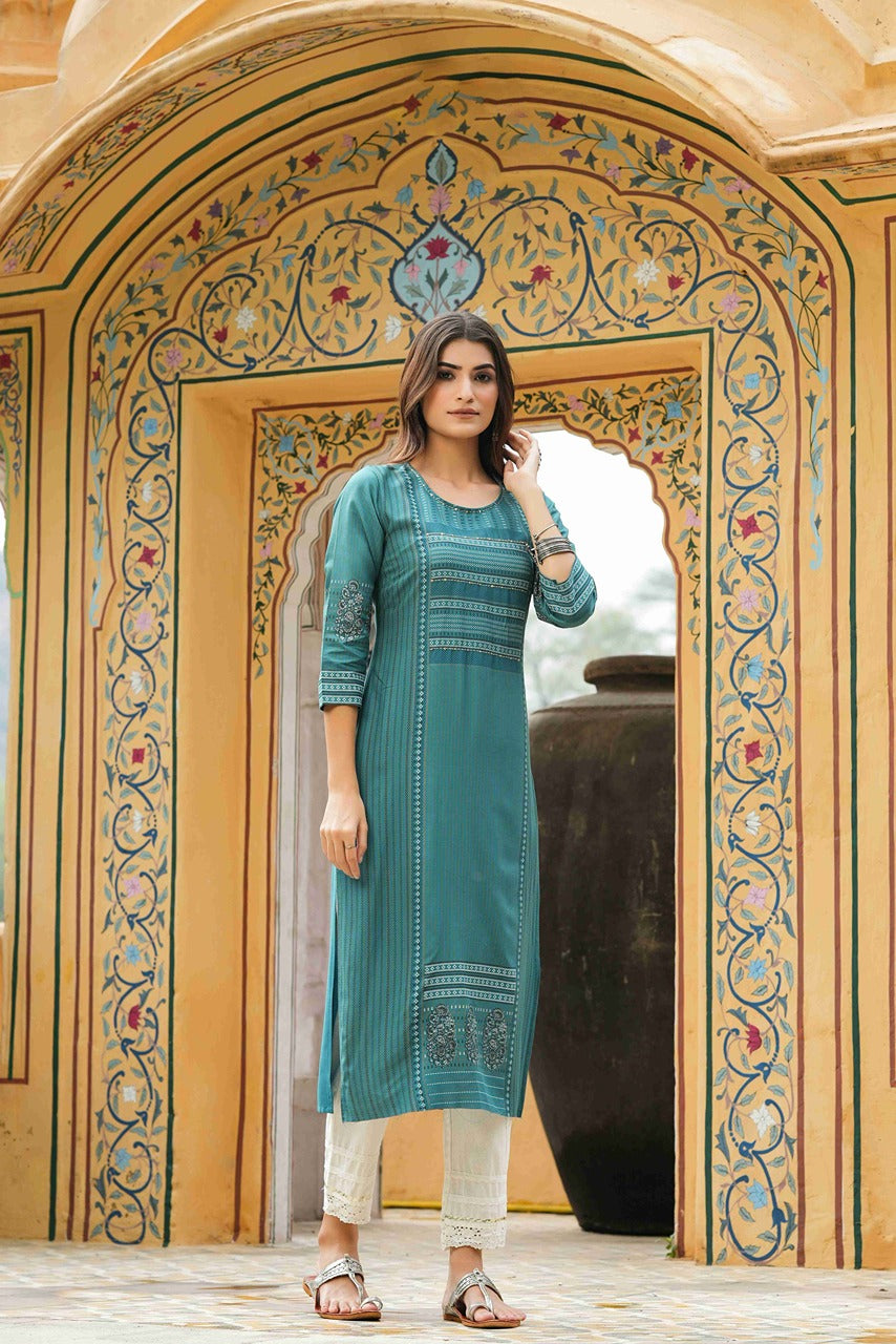 Juniper Teal Rayon Festive Printed Straight Kurta For Women | Grocsy