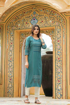 Juniper Teal Rayon Festive Printed Straight Kurta For Women | Grocsy