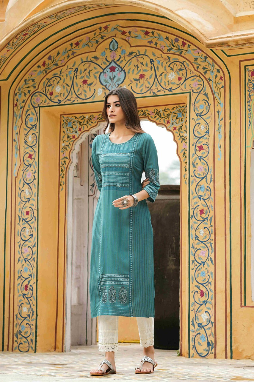 Juniper Teal Rayon Festive Printed Straight Kurta For Women | Grocsy