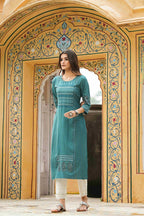 Juniper Teal Rayon Festive Printed Straight Kurta For Women | Grocsy