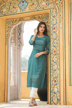 Juniper Teal Rayon Festive Printed Straight Kurta For Women | Grocsy