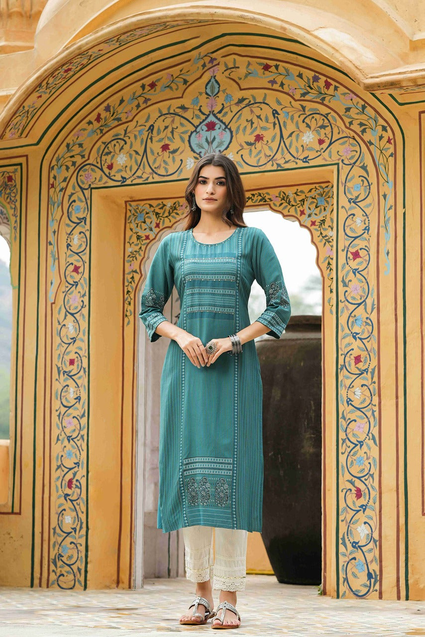 Juniper Teal Rayon Festive Printed Straight Kurta For Women | Grocsy