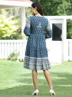 Juniper Blue Rayon Festive Printed Tiered Dress For Women | Grocsy