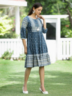 Juniper Blue Rayon Festive Printed Tiered Dress For Women | Grocsy