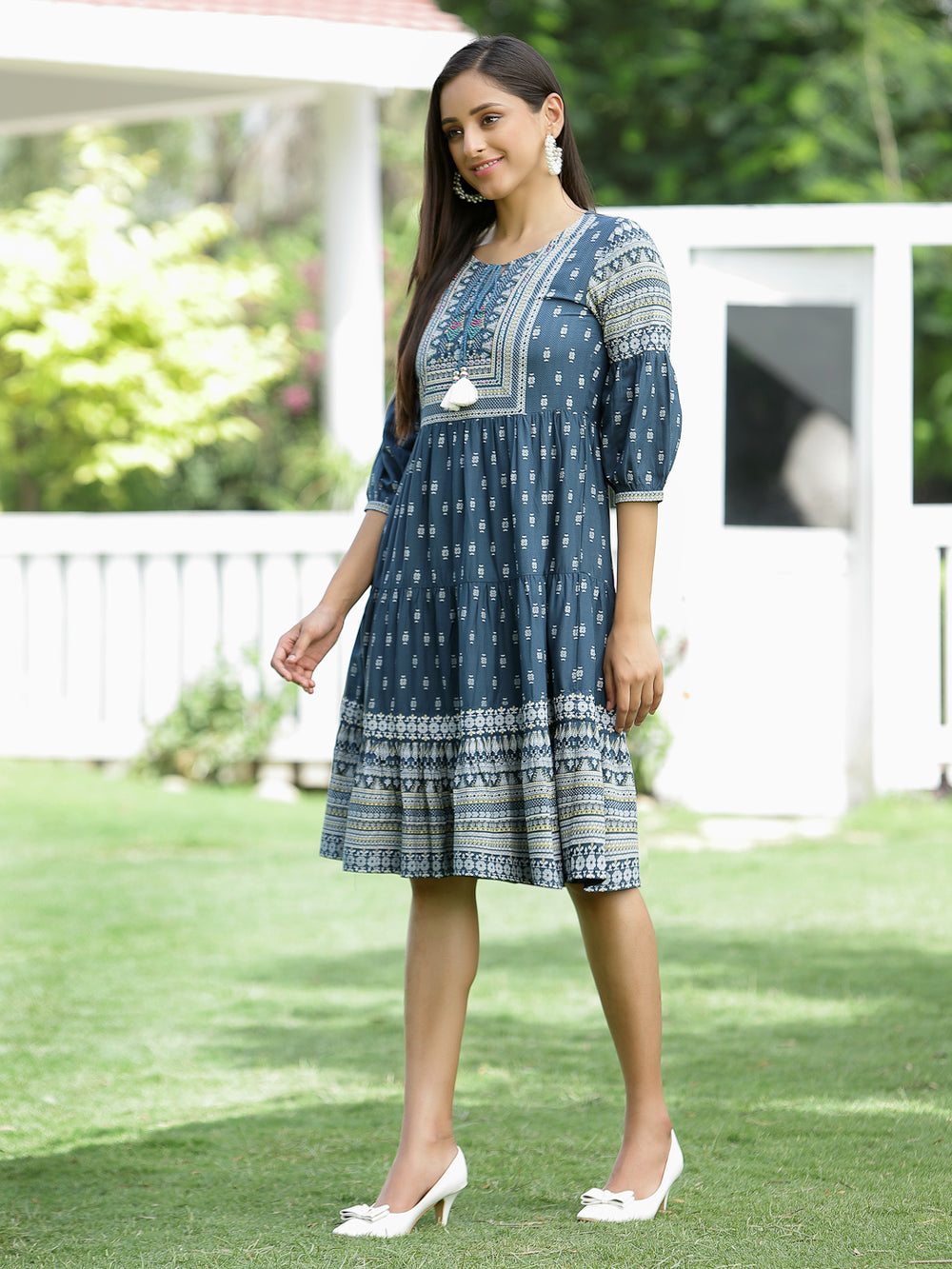 Juniper Blue Rayon Festive Printed Tiered Dress For Women | Grocsy