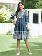 Juniper Blue Rayon Festive Printed Tiered Dress For Women | Grocsy