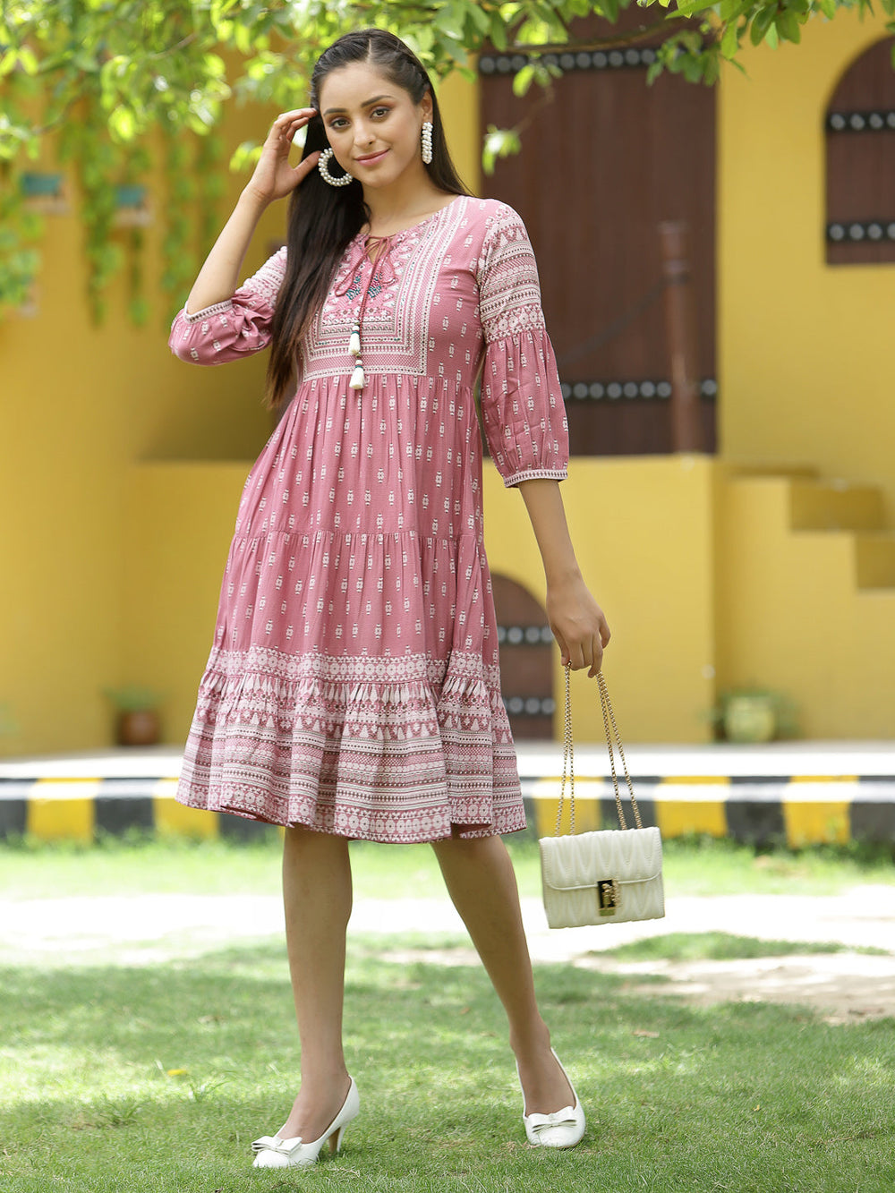 Juniper Onion Pink Rayon Festive Printed Tiered Dress For Women | Grocsy