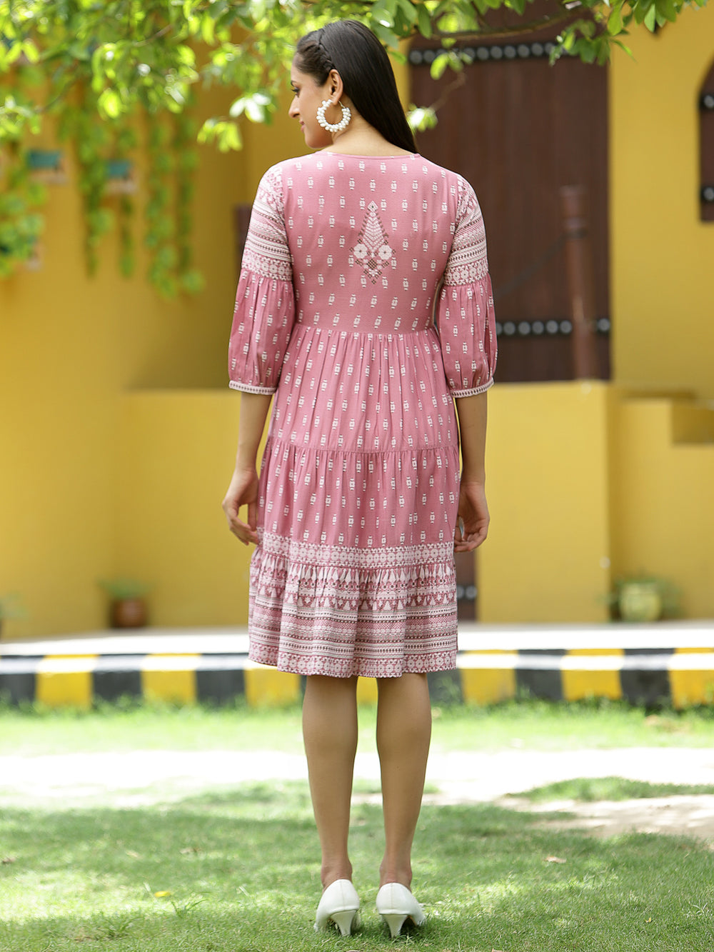 Juniper Onion Pink Rayon Festive Printed Tiered Dress For Women | Grocsy