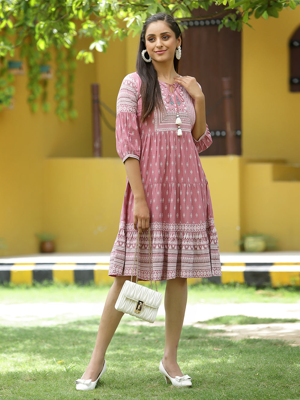 Juniper Onion Pink Rayon Festive Printed Tiered Dress For Women | Grocsy