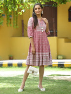 Juniper Onion Pink Rayon Festive Printed Tiered Dress For Women | Grocsy