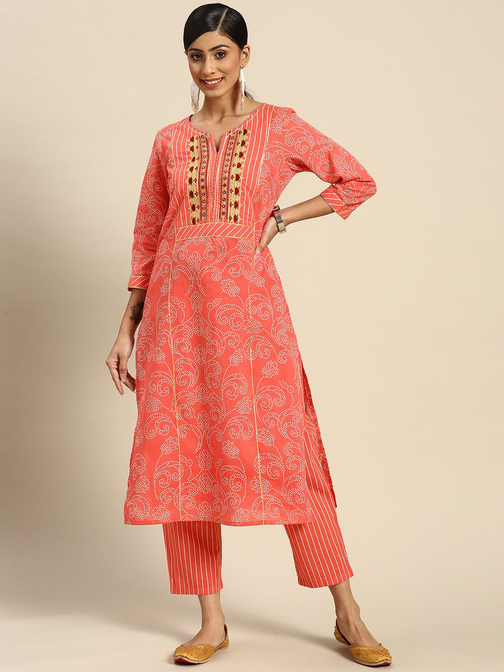 Sangria Women Peach-Coloured Ethnic Printed Mirror Work Pure Cotton Kurta with Trousers | Grocsy