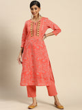 Sangria Women Peach-Coloured Ethnic Printed Mirror Work Pure Cotton Kurta with Trousers | Grocsy