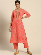 Sangria Women Peach-Coloured Ethnic Printed Mirror Work Pure Cotton Kurta with Trousers | Grocsy