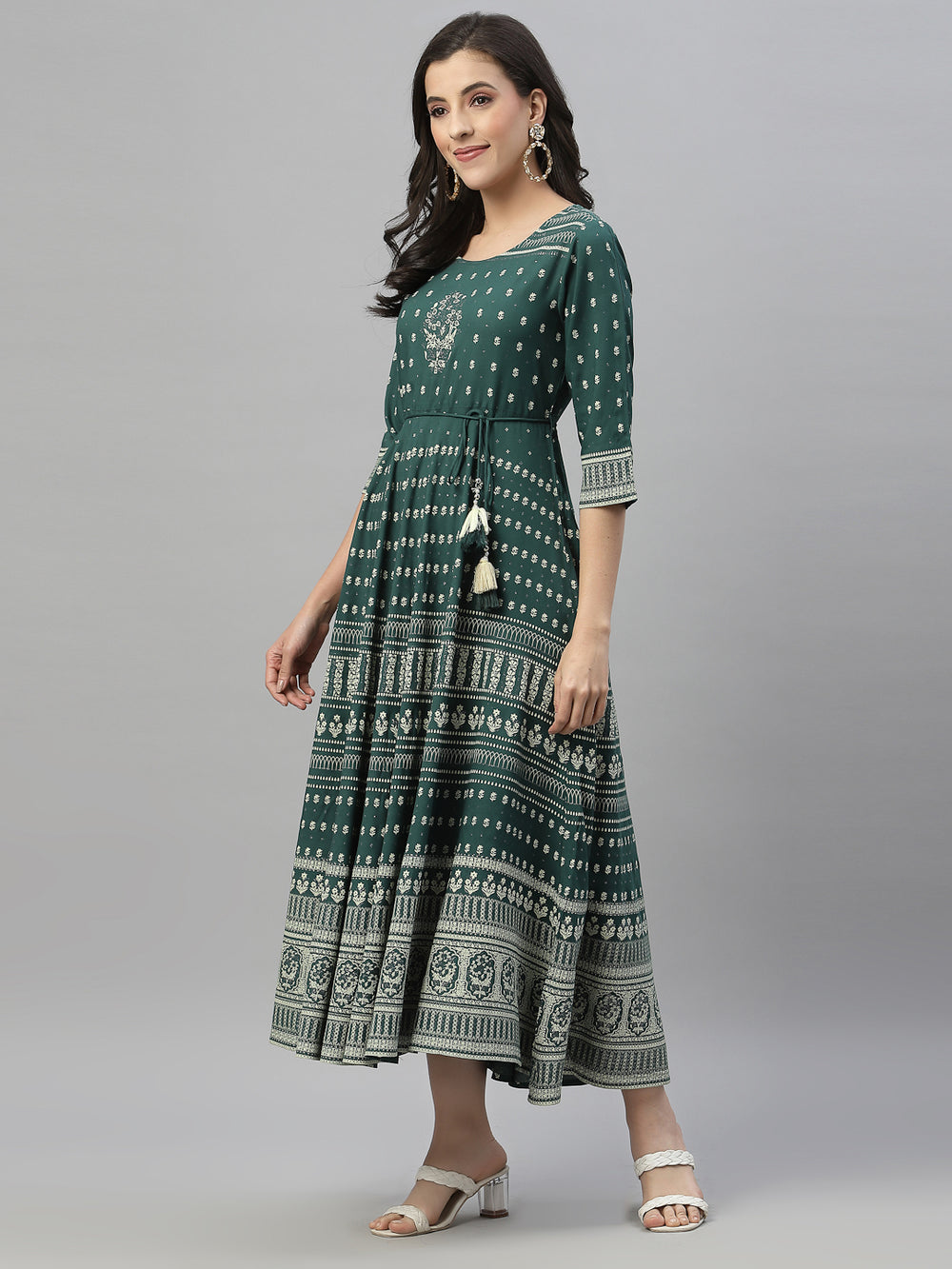 Juniper Green Rayon Festive Printed Flared Dress For Women | Grocsy