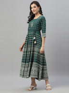 Juniper Green Rayon Festive Printed Flared Dress For Women | Grocsy