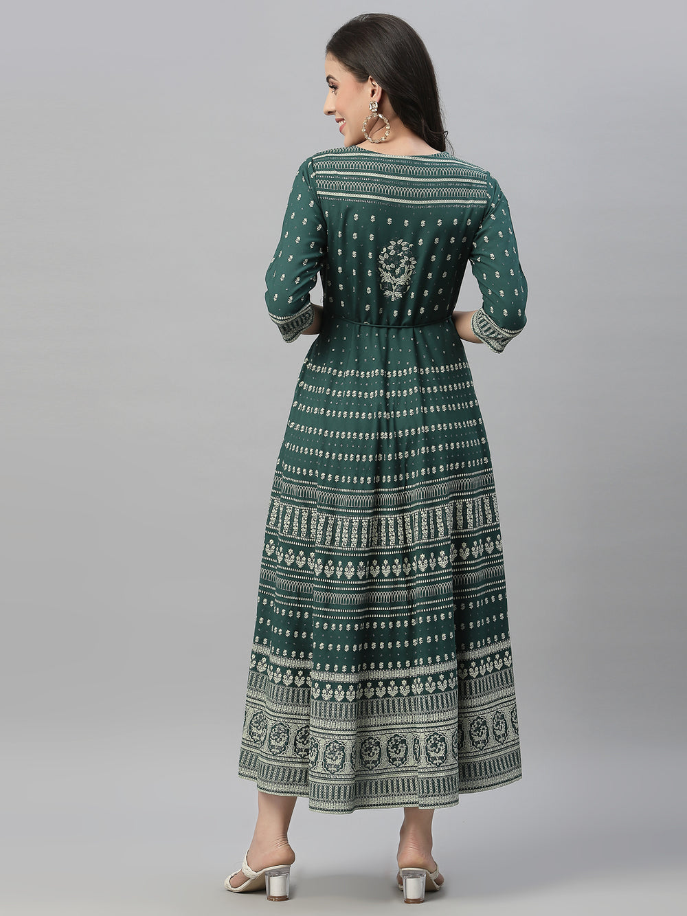 Juniper Green Rayon Festive Printed Flared Dress For Women | Grocsy