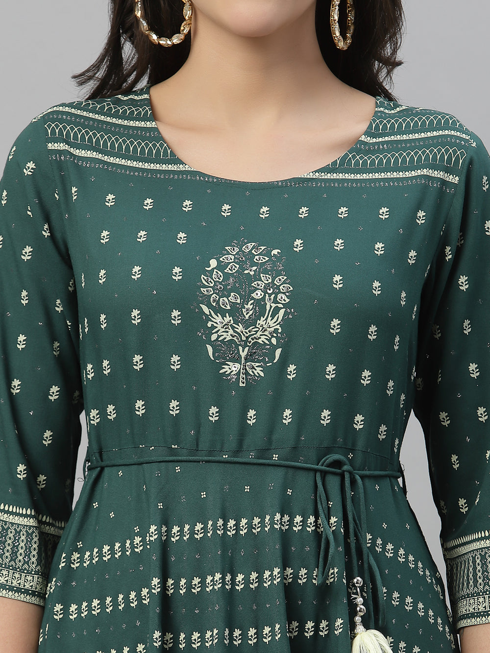 Juniper Green Rayon Festive Printed Flared Dress For Women | Grocsy