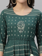 Juniper Green Rayon Festive Printed Flared Dress For Women | Grocsy
