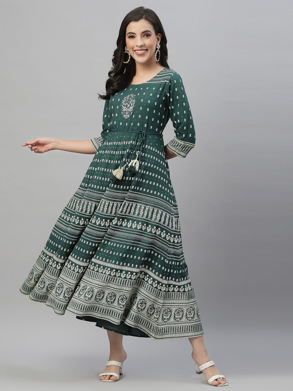 Juniper Green Rayon Festive Printed Flared Dress For Women | Grocsy