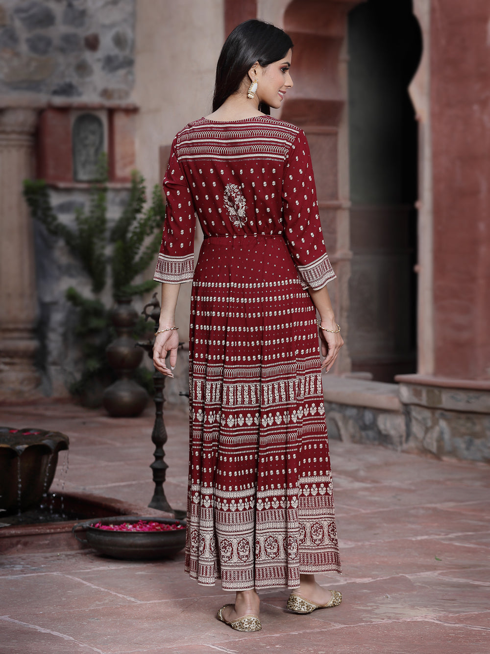 Juniper Women's Maroon Rayon Printed Flared Dress | Grocsy
