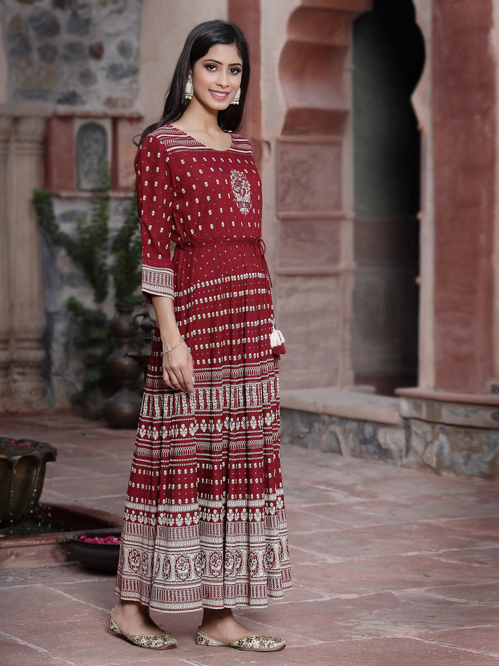 Juniper Women's Maroon Rayon Printed Flared Dress | Grocsy