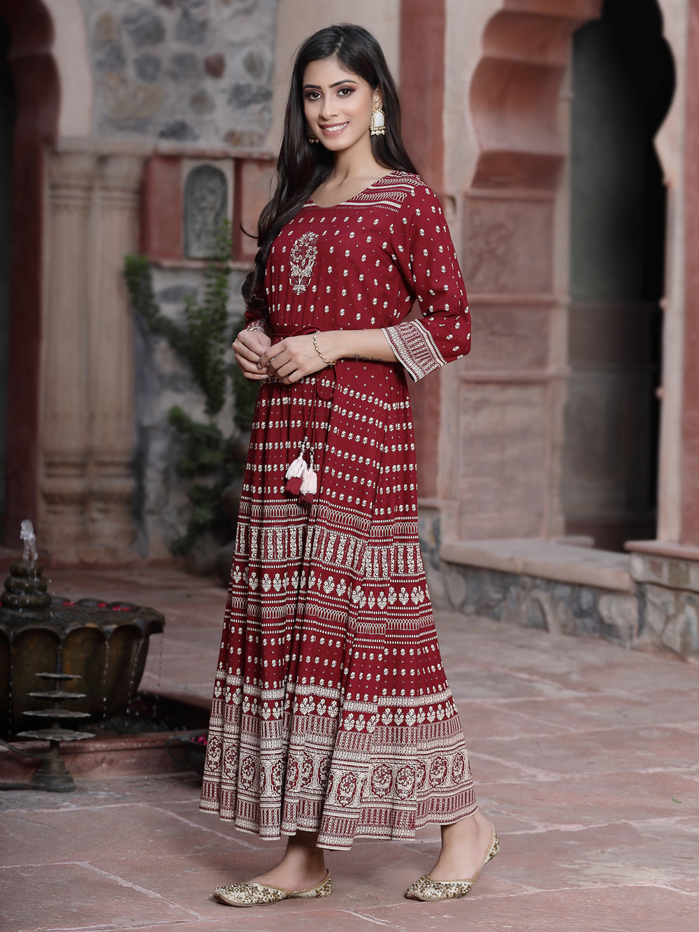 Juniper Women's Maroon Rayon Printed Flared Dress | Grocsy