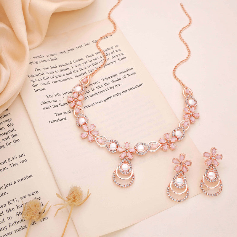Tehzeeb Creations Rose Gold-Polished Baby Pink Colour Necklace With Stud | Grocsy