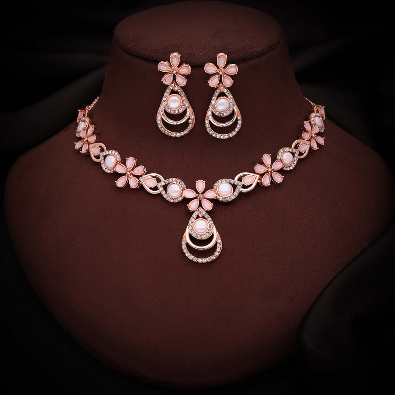 Tehzeeb Creations Rose Gold-Polished Baby Pink Colour Necklace With Stud | Grocsy