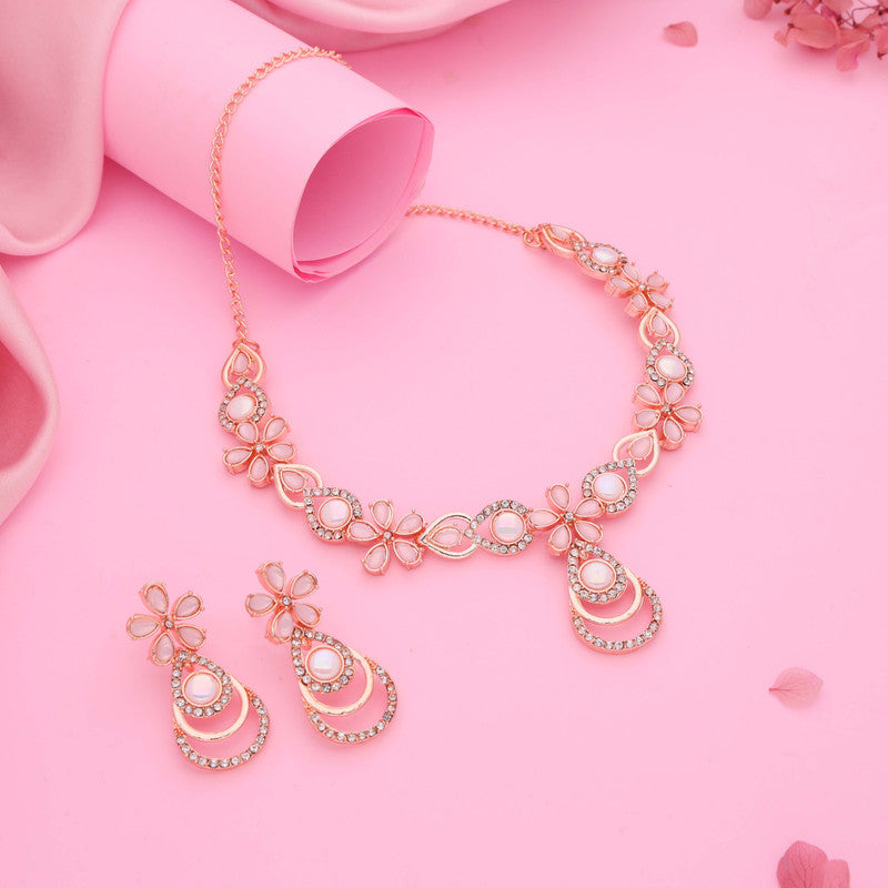 Tehzeeb Creations Rose Gold-Polished Baby Pink Colour Necklace With Stud | Grocsy