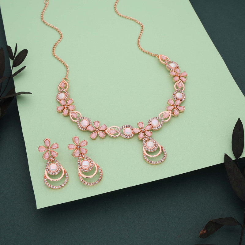 Tehzeeb Creations Rose Gold-Polished Baby Pink Colour Necklace With Stud | Grocsy