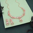 Tehzeeb Creations Rose Gold-Polished Baby Pink Colour Necklace With Stud | Grocsy