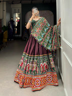 Vastranavya Traditional Patola Print With Gamthi & Mirror Work Lehenga Choli - Brown | Grocsy