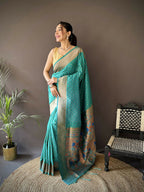 Joban Fashion Teal Green Jacquard Butti Soft Lichi Silk Paithani Saree | Grocsy