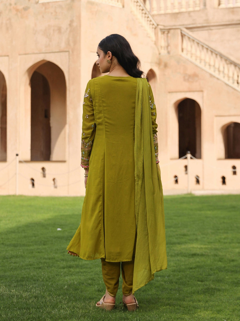 Juniper Women's Green Thread Embroidered Georgette Kurta Dhoti Pant & Dupatta Set With Mirror Work & Sequins | Grocsy