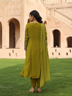 Juniper Women's Green Thread Embroidered Georgette Kurta Dhoti Pant & Dupatta Set With Mirror Work & Sequins | Grocsy