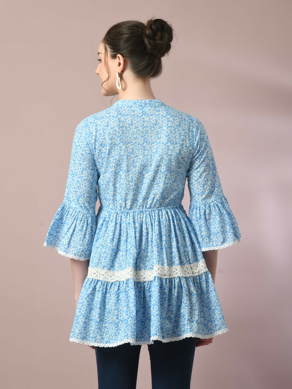 Myshka Women's Blue Embellished Cotton Gathered Party Empire Top | Grocsy