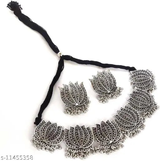 Tehzeeb Creations Women's Silver Colour Oxidised Lotus Design Necklace Set - Swadesiicart