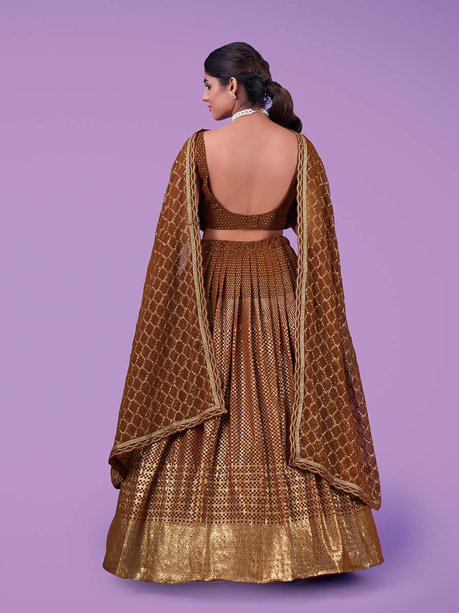 Myra Brown Georgette Embroidered Designer Lehenga | Grocsy