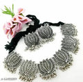 Tehzeeb Creations Women's Silver Colour Oxidised Lotus Design Necklace Set - Swadesiicart