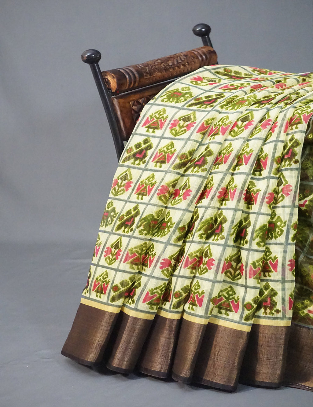 Shades of Light Apple Green And Dark Mehndi Green Colour Blouse Ikat Design Semi Chanderi Saree By Gayathri Reddy Designer Studio | Grocsy