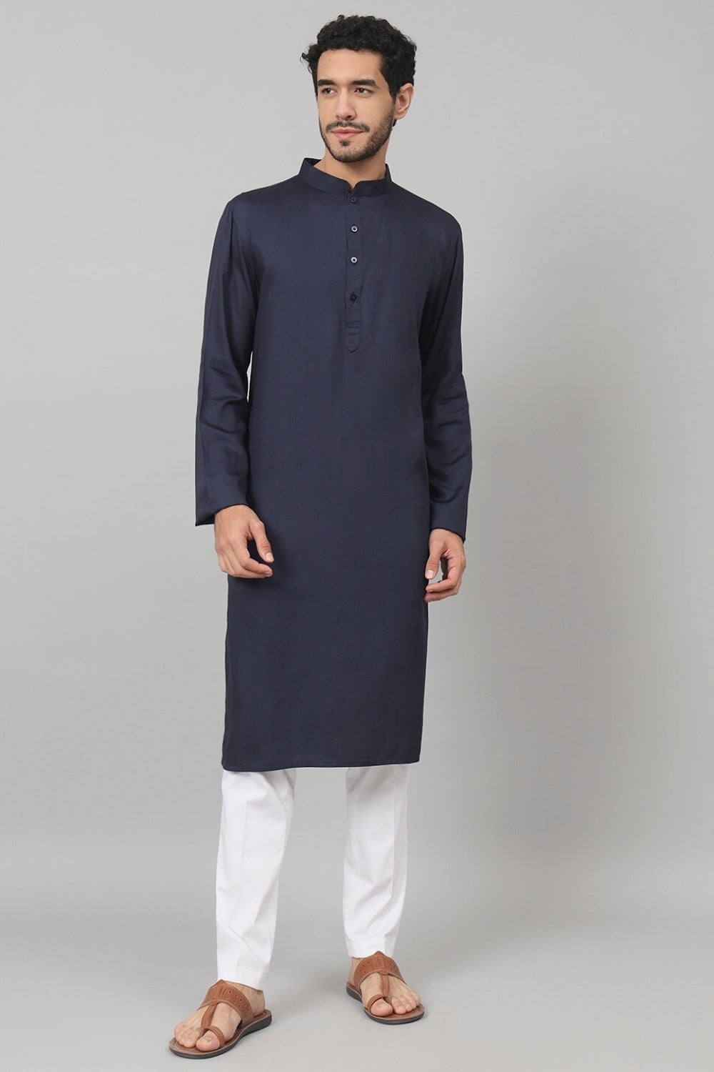 Giza Cotton Navy Blue Plain Kurta by Hilo Design | Grocsy