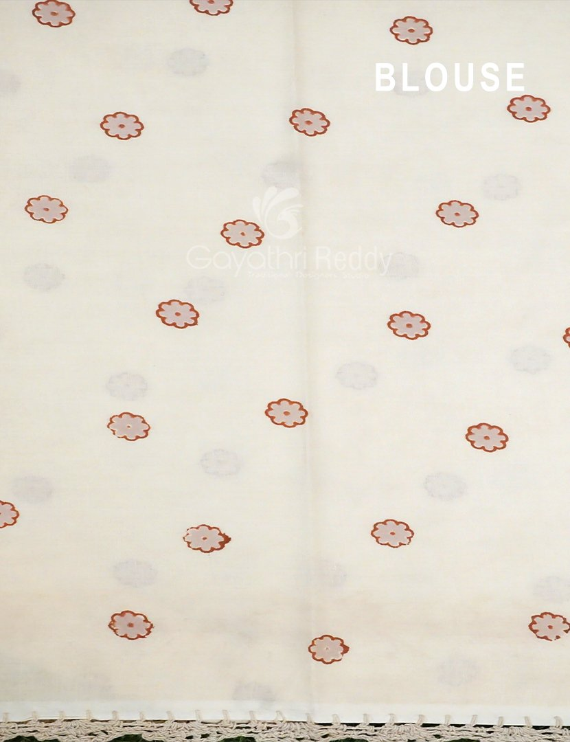 Cream Colour Peacock Block Print Crocia Mulmul Cotton Saree By Gayathri Reddy Designer Studio | Grocsy