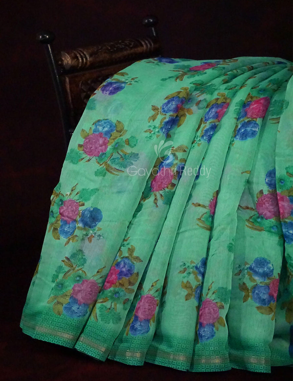 Rama Green Floral Design Semi Chanderi Saree By Gayathri Reddy Designer Studio | Grocsy