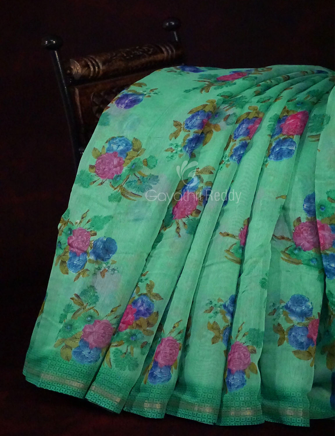 Rama Green Floral Design Semi Chanderi Saree By Gayathri Reddy Designer Studio | Grocsy