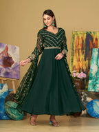 Jyoti Fashion Women's Bottle Green Georgette Embroidered Anarkali Kurta Pant Set With Dupatta | Grocsy