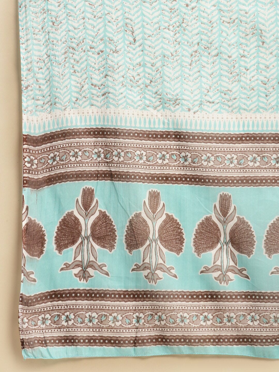 Sangria Sea Green & Brown Floral Printed Pure-Cotton Straight Kurta With Trouser & Dupatta | Grocsy