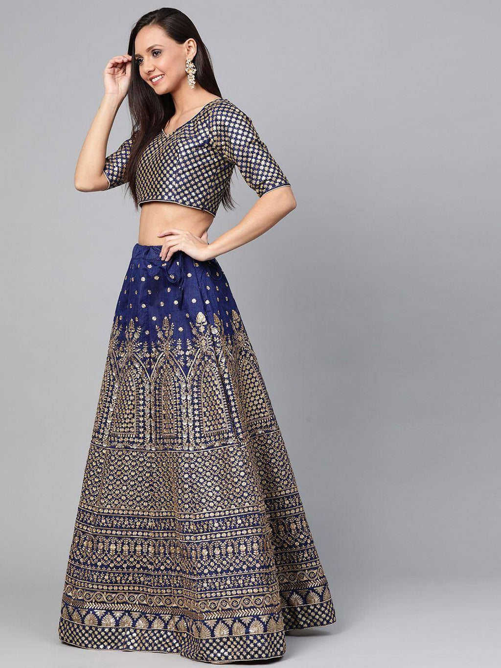 Tulsi Art Navy Blue Embroidered Semi-Stitched Myntra Lehenga & Unstitched Blouse With Dupatta | Grocsy