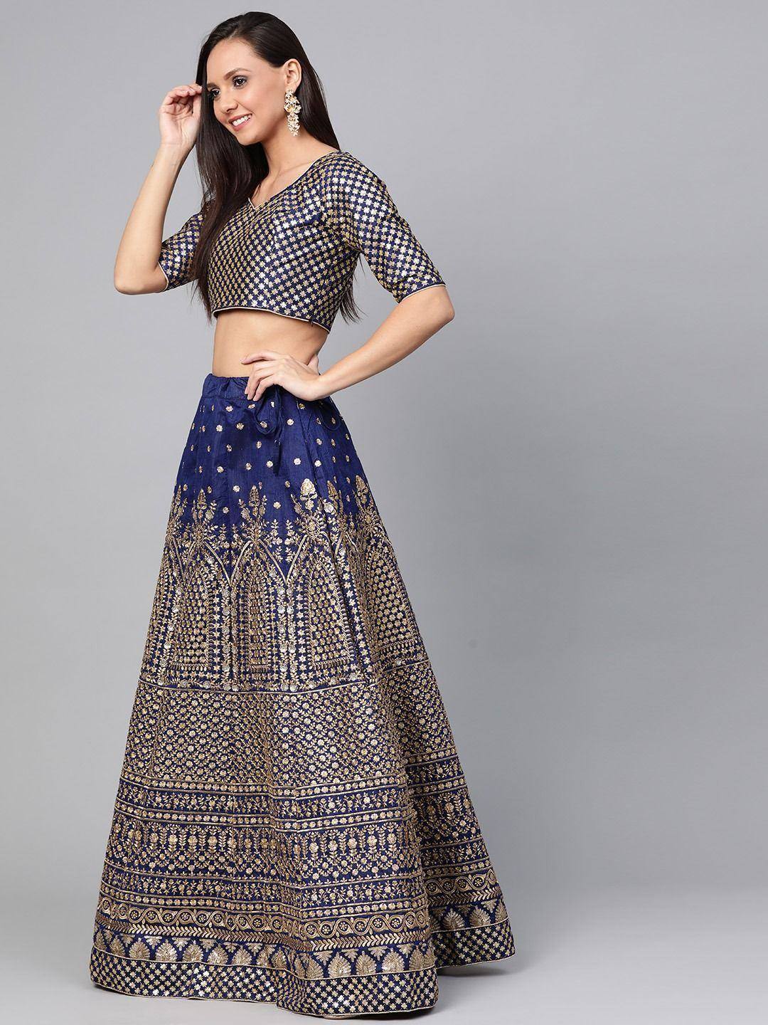Tulsi Art Navy Blue Embroidered Semi-Stitched Myntra Lehenga & Unstitched Blouse With Dupatta | Grocsy