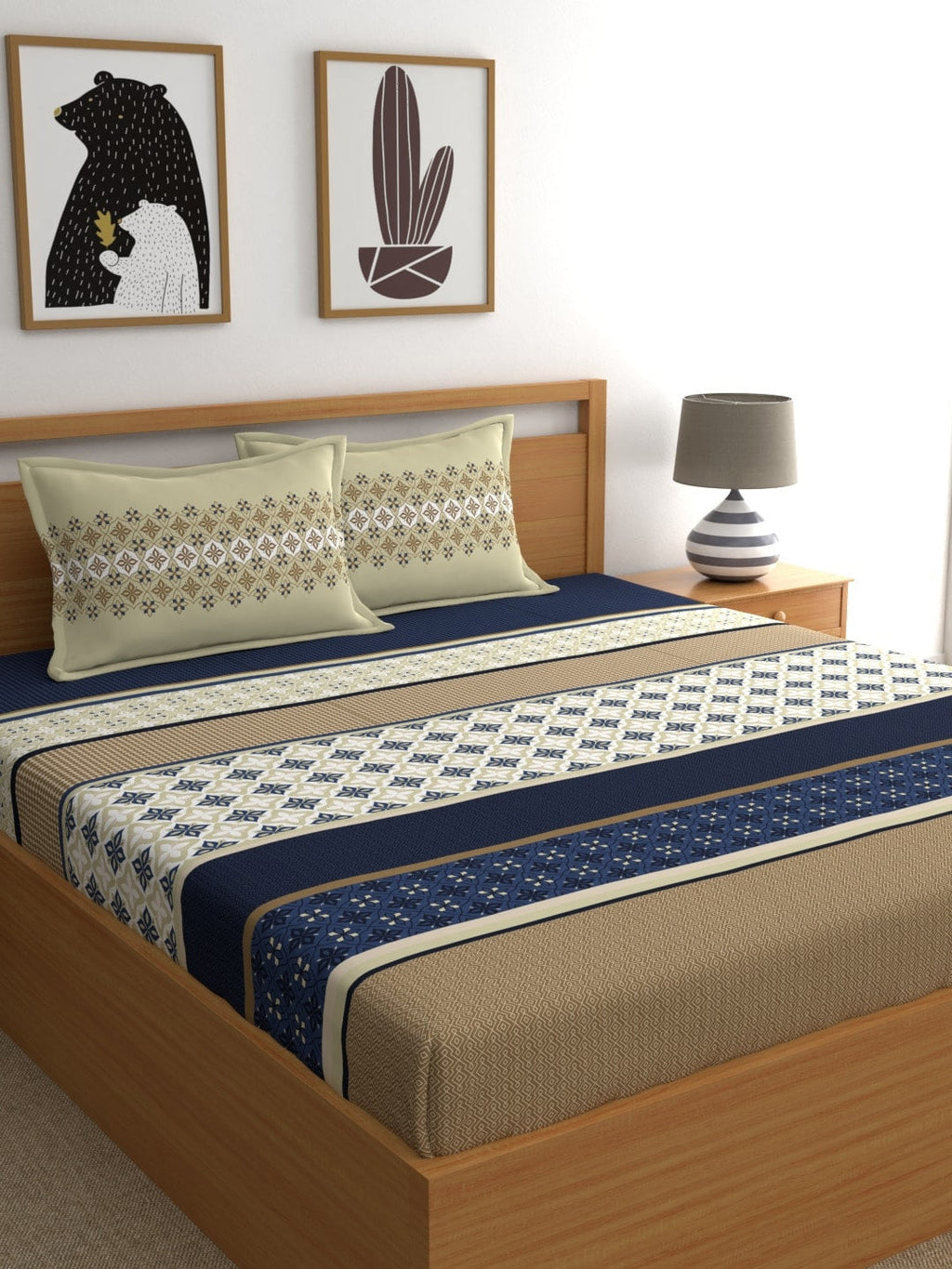 Home Ecstasy Blue & Beige Ethnic Motifs 140 TC King Bedsheet with 2 Pillow Covers | Grocsy